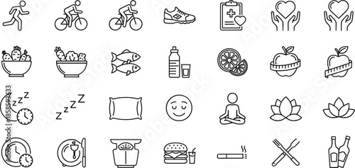 Health wellness lifestyle icons set including fitness, nutrition, sleep, mindfulness, habits, medical care, and healthy living symbols in line style