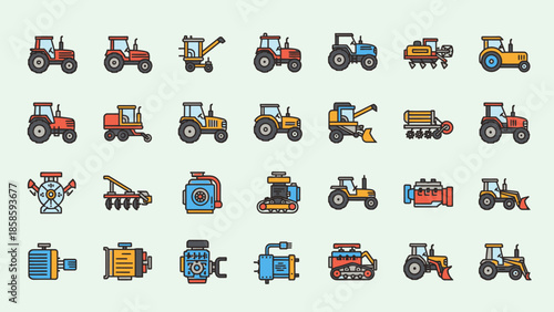 Collection of Colorful Farm and Agriculture Machinery Icons Set in Bright Studio