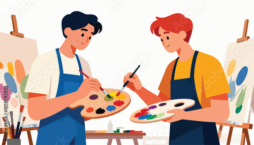 Two artists with paint palettes and brushes, creating art on easels