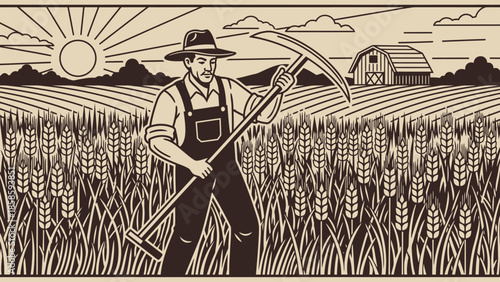 Old vintage style farmer harvesting wheat in rural field with barn and sun in background, agricultural landscape
