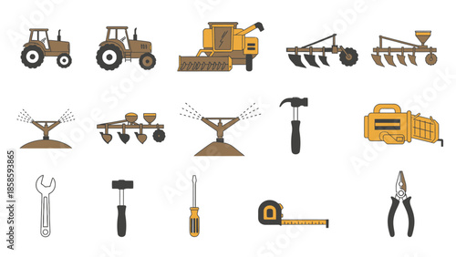 Set of construction and agriculture tools flat icons with isolated white background, farming machinery equipment
