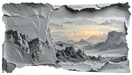 A monochrome scenic vista peeks through a torn paper border, displaying mountain range