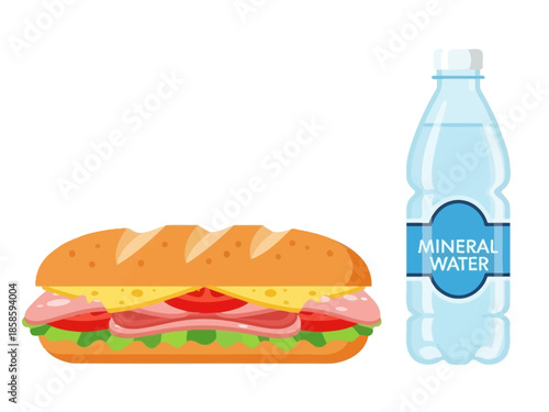 A colorful illustration of a submarine sandwich next to a bottle of mineral water