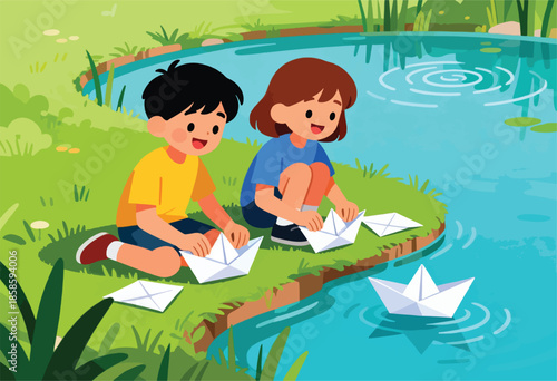 Two children play with paper boats by a pond in a grassy area