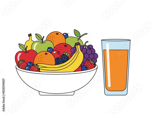 A bowl of mixed fruit next to a glass of orange juice