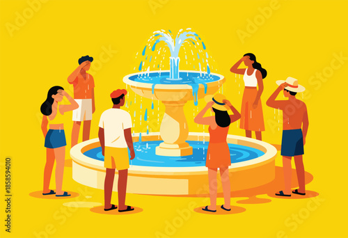 Group of people gathered around a water fountain on a bright, sunny day