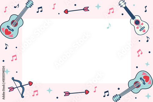 Cupid musical instrument frame with copy space. Background featuring guitars, ukuleles, arrows, and hearts. Vector flat design border for romantic serenade greeting card or Valentine's Day party.