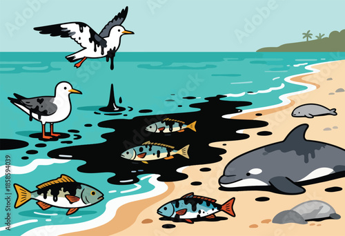 Oil slick pollutes beach, harming sea life like birds, fish, and dolphins