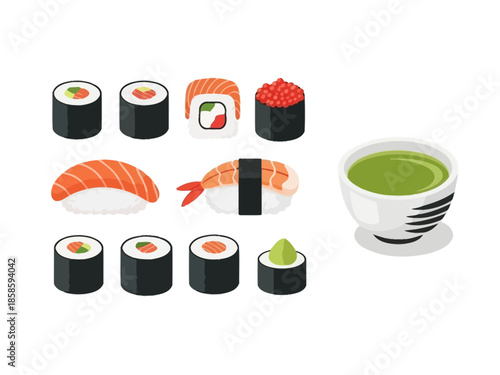 Assortment of sushi pieces and a bowl of green tea