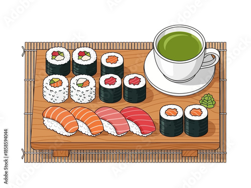 Assortment of sushi and a cup of green tea on a bamboo mat tray