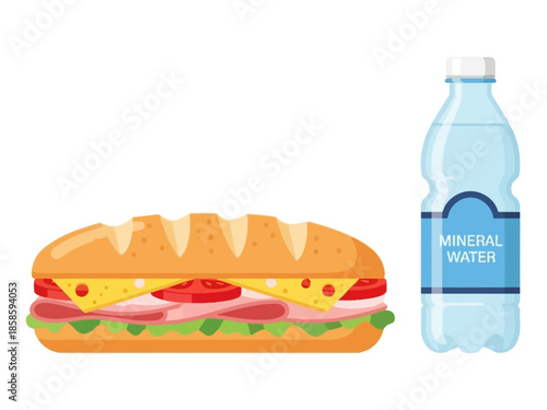 A sub sandwich and a bottle of mineral water illustration