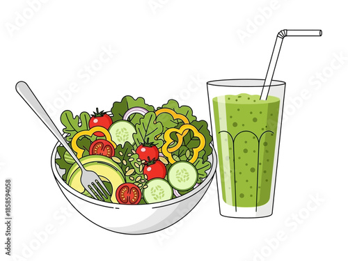 Bowl of fresh salad with a fork and a glass of green smoothie