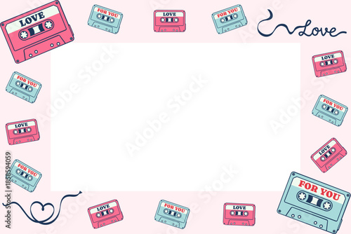 Retro mixtape Valentine's Day frame with copy space. Background featuring cassette tapes with ribbon forming heart shape and love word. Vector flat design border for 90s nostalgia greeting card.