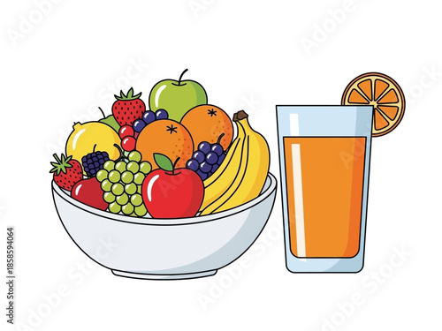 Bowl of mixed fruit next to a glass of orange juice with an orange slice