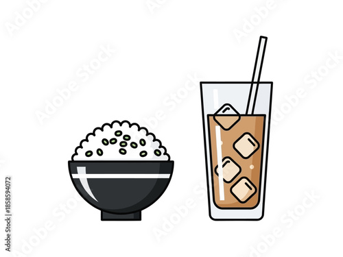Bowl of rice with green specks next to iced brown drink in tall glass