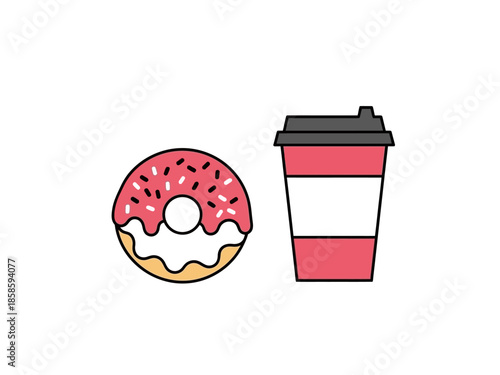 Cartoon donut with pink frosting and a takeout coffee cup on white