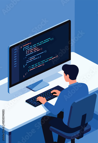 A person working on a computer, coding displayed on the screen