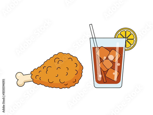 Cartoon fried chicken drumstick next to iced beverage with lemon slice