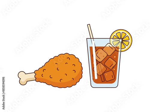 Cartoon illustration of a fried chicken drumstick and iced tea
