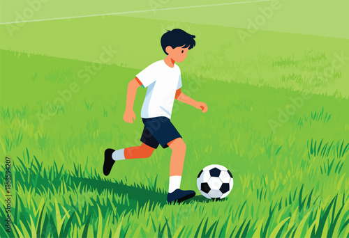 Young boy in white shirt and dark shorts plays soccer on a vibrant green field