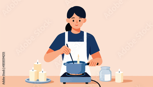Person crafts candles, melting wax in pot on hot plate, surrounded by lit candles