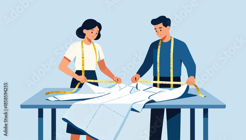Two individuals with tape measures carefully work on a paper pattern