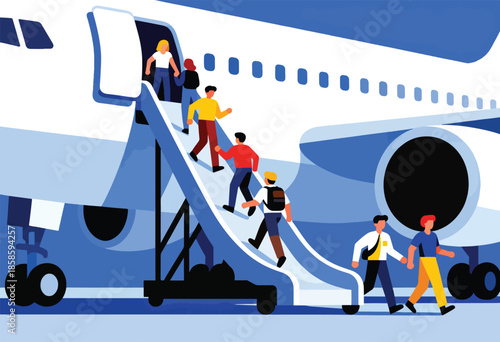 People ascend stairs to board a large aircraft with boarding stairs extended