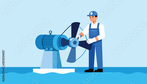 Technician inspects large industrial fan connected to electric motor over water