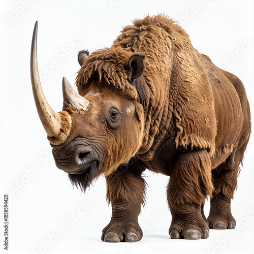 Unique woolly rhinoceros portrait against a stark white backdrop illustration