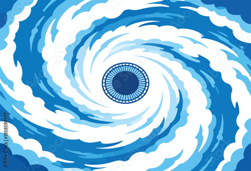 Stylized swirling blue and white clouds forming a vortex with a circular pattern