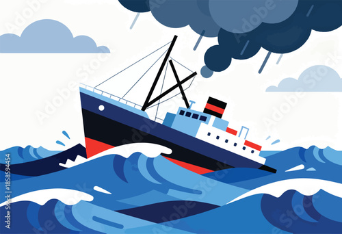 Ship sinking in stormy seas under dark, raining clouds