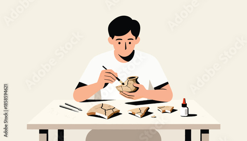 Person carefully restoring a broken pottery artifact on a desk