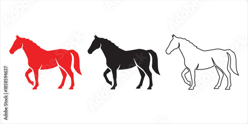 Equine Elegance Trio: Three stylised horse figures, in vibrant red, solid black, and delicate white line art, march gracefully.