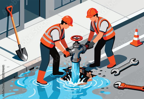 Workers repair a street hydrant causing water to spray into a flooded street