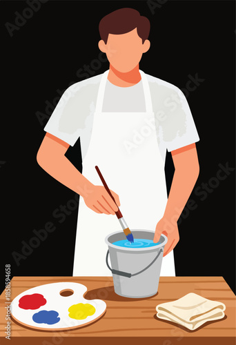 Person in apron dipping brush in water bucket next to palette
