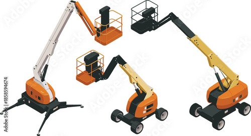 Isometric aerial work platform machines set, articulated boom lifts and cherry pickers for construction, maintenance and industrial access