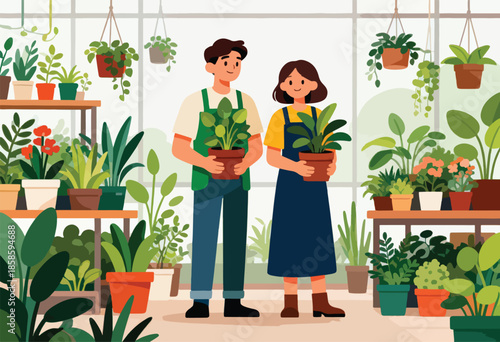Two people in aprons holding potted plants in a sunlit greenhouse