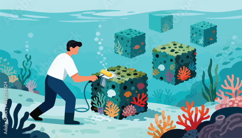 Underwater scene with man cleaning coral cubes teeming with marine life