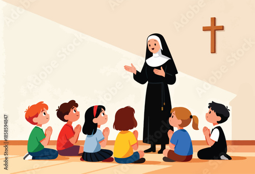 Nun teaching diverse children in a classroom with a cross on the wall