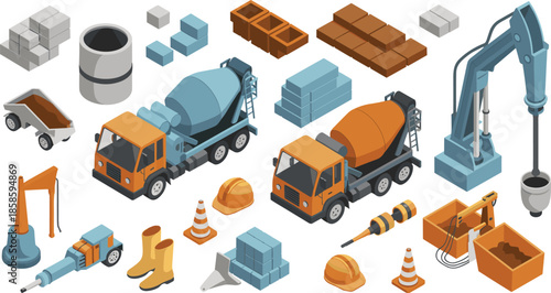 Isometric construction equipment and materials set with concrete mixer trucks, tools, safety gear and building supplies vector illustration