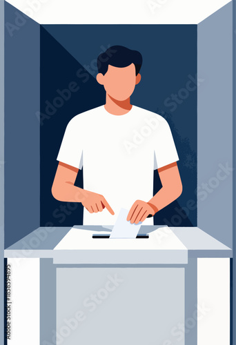 A person votes in a private booth, casting their ballot into a box