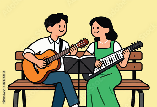 Duo plays music together on a bench