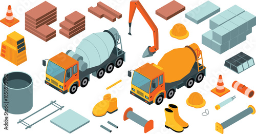 Isometric construction equipment and materials set with concrete mixer trucks, tools, safety gear and building supplies vector illustration