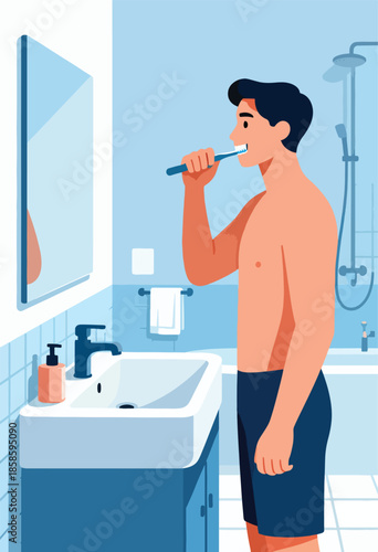Man brushing teeth in a clean bathroom, reflection in mirror, modern sink, and shower