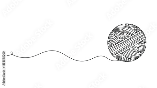 Simple continuous line drawing of a round ball of yarn with a single thread winding away across a clean white background in a minimalist art style.