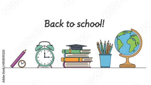 Educational banner featuring back to school supplies including a pencil, alarm clock, stack of books, jar of pencils, and a globe in line art style.