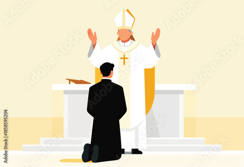 Cleric in ceremonial attire blesses a kneeling figure at an altar