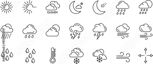 Minimal Line Weather Icons Set for Forecast UI, Climate App, Meteorology Dashboard, Atmospheric Conditions, Temperature, Rain, Wind, Snow