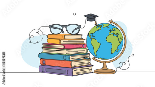 Stack of colorful hardcover books with reading glasses on top and a graduation cap floating nearby next to a desk globe in minimalist line art.