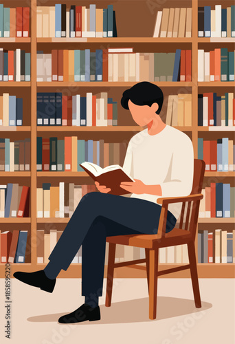Young man reading book in a library with bookshelves